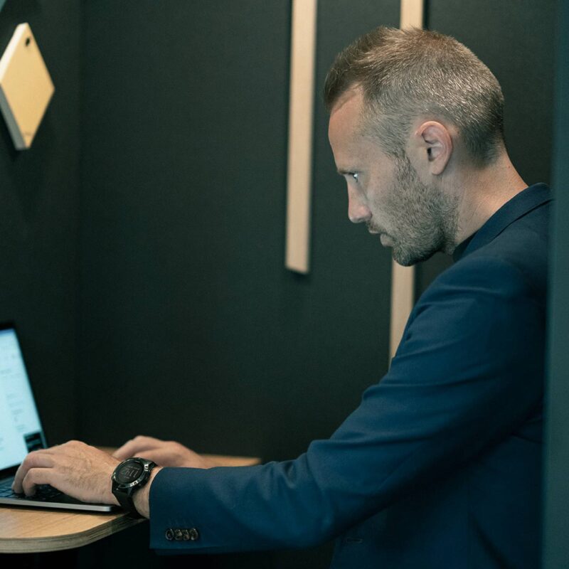 Manager in mutebox getting ready for online meeting