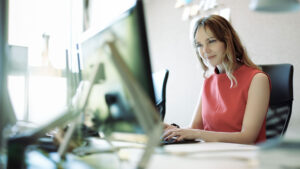 Commercial strategy. Employee happily working at presentation